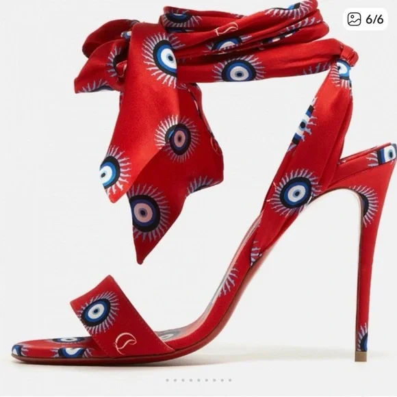 Christian Louboutin Red Satin Eye-Print Bow Stiletto Sandals - Picture 6 of 6